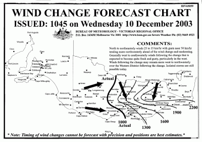  Typical wind change forecast chart issued by the Victorian Regional Forecast Centre of the Australian Bureau of Meteorology