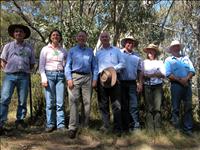HighFire open day at Snowy Plains with, from left, Prof Mark Adams, Dr Maria Taranto and Kevin O'Loughlin from the Bushfire CRC, federal parliamentarian Gary Nairn and land owners Barry Aitchison, Trish and Darvall Dixon